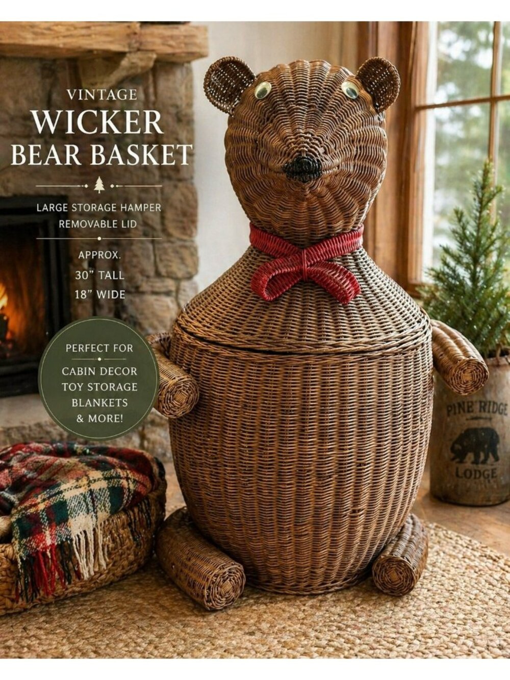 Vintage Whimsical Wicker Bear Basket Large Animal Hamper Storage 30” Tall Rustic